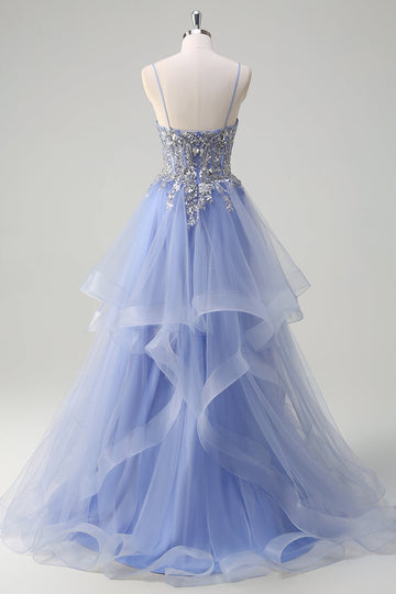 Sparkly Light Blue A Line Sequins Long Prom Dress with Spiral Ruffles